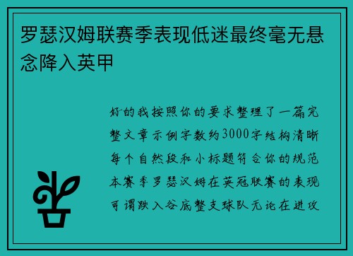 罗瑟汉姆联赛季表现低迷最终毫无悬念降入英甲