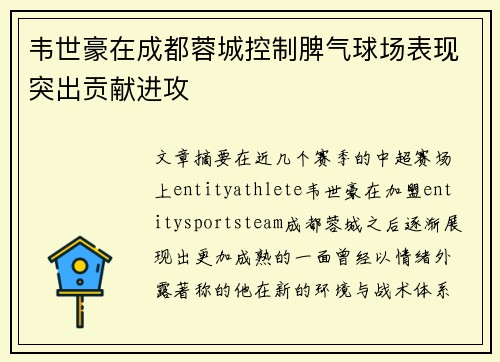 韦世豪在成都蓉城控制脾气球场表现突出贡献进攻